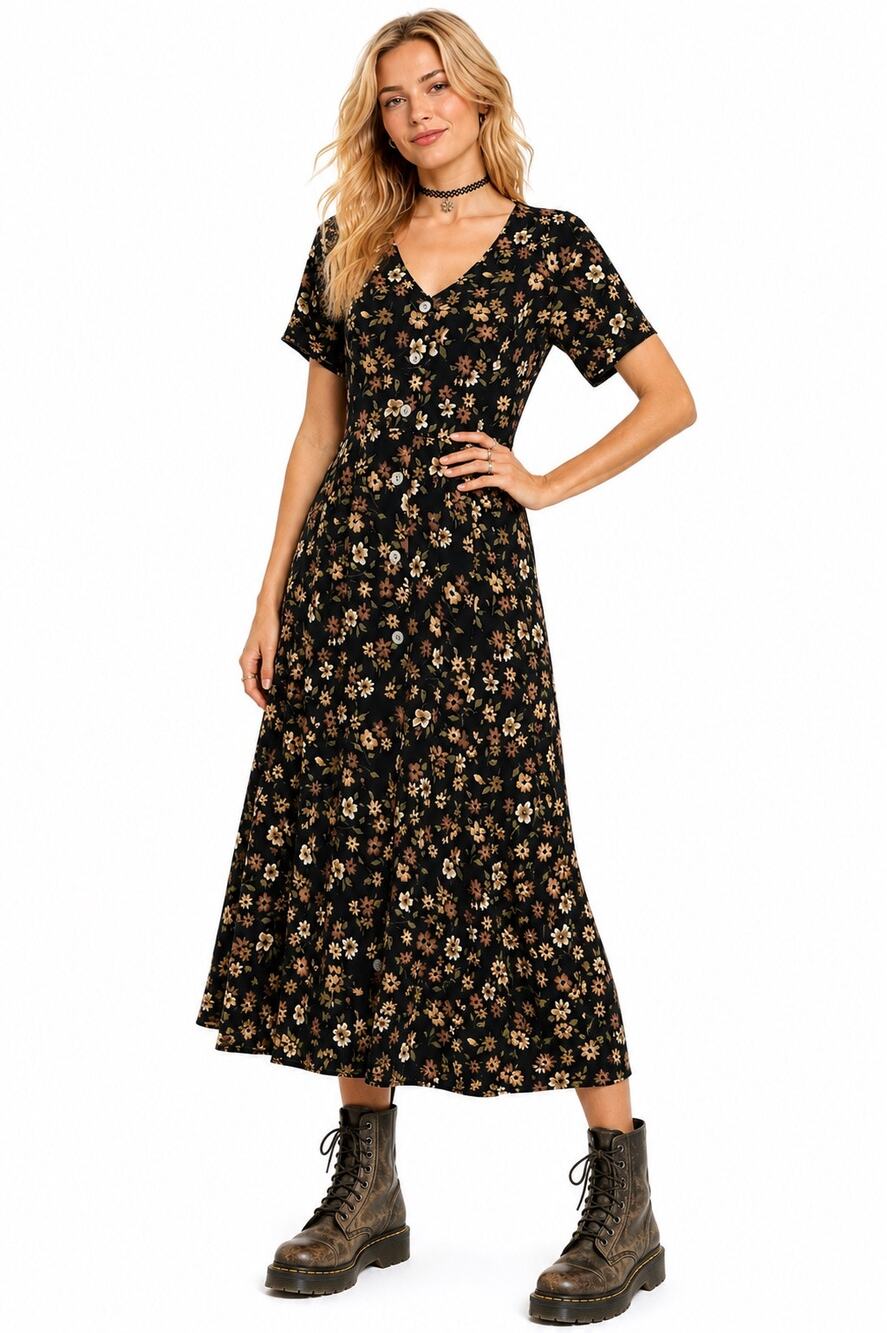 Vintage ‘90s Sophisticates by Jonathan Martin Black Floral V-Neck Maxi Dress